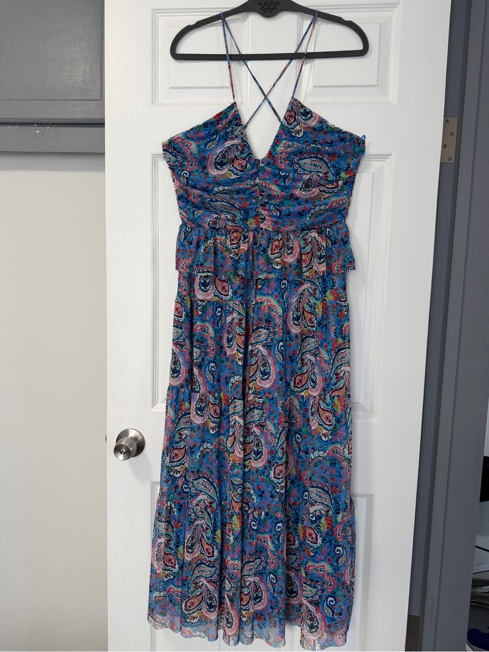 NSR Paisley Print Cross Back Maxi Dress Blue Pink Boho Tiered Ruffle Womenâs L